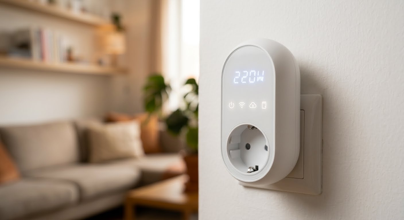 Student-supplied edited image of a wall-mounted smart plug with a display