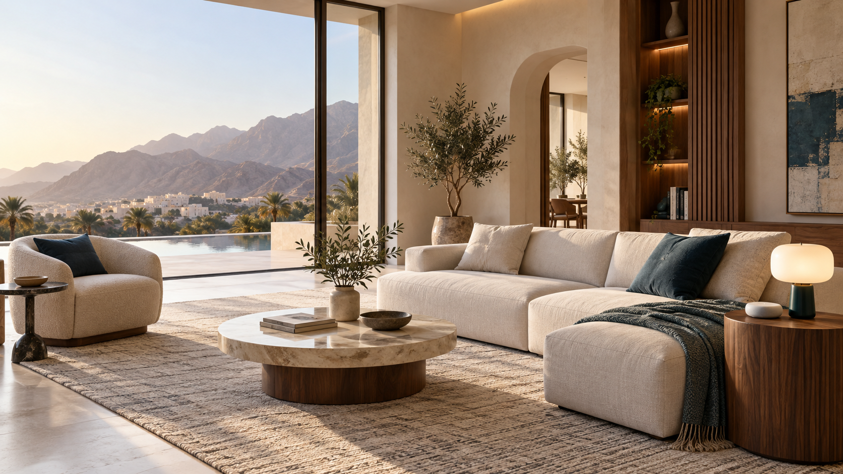 AI-generated illustration of a calm contemporary living room with connected home devices