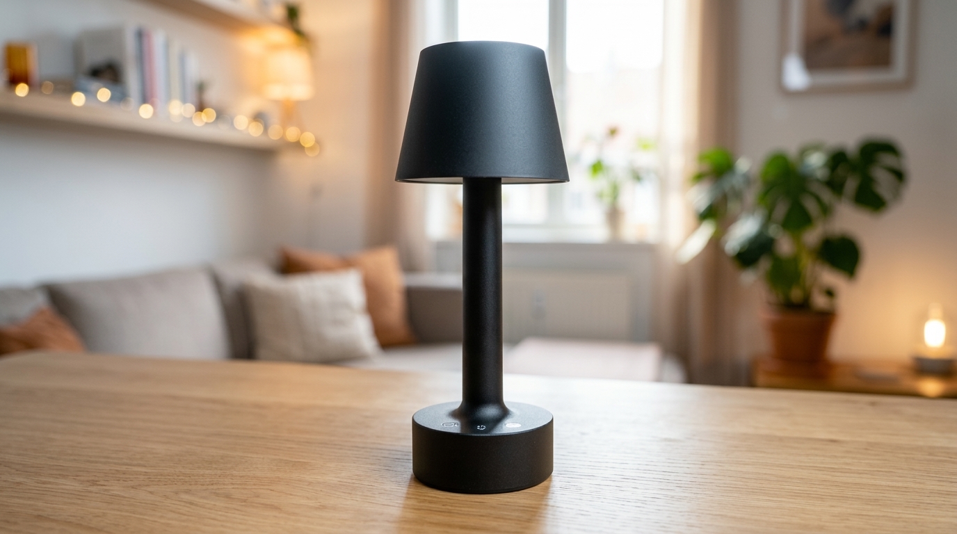 Student-supplied edited image of a black smart table lamp in a living room