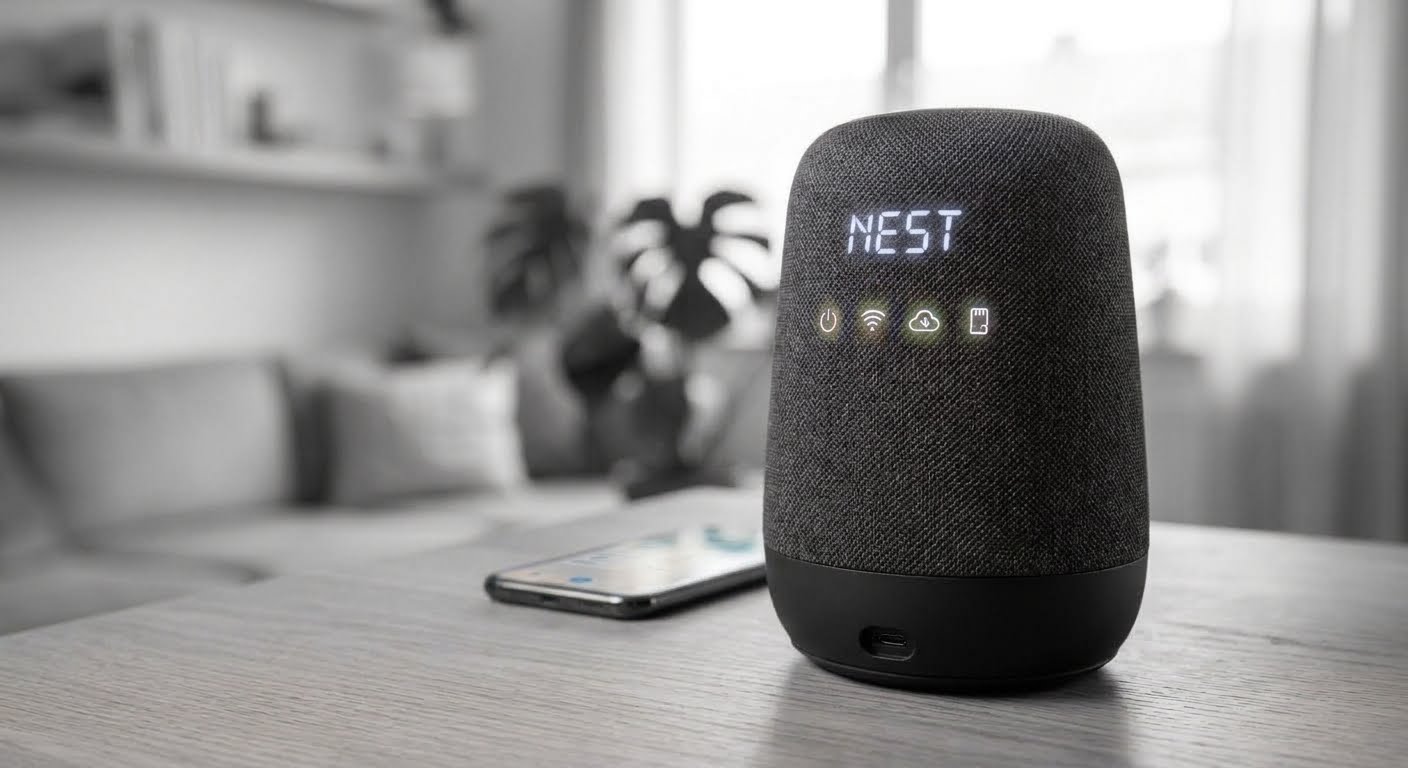 Student-supplied edited image of a smart speaker with predominantly monochrome colour